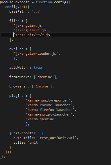 Machine generated alternative text:
Jmodule.exports = function(config){
conf 1g. set({
basePath : ‘..?‘,
files : [
‘js/angular.js’, -
‘js/angular_*.js’,
Itest/unit/**/*.is
],
exclude : [ ‘.
‘js/angular-loader.js’,
],
autoWatch : true,
frameworks: [‘jasmine’],
browsers : [‘Chrome’],
plugins : [
‘karma-junit-reporter’,
‘karma-chrome-launcher’,
‘karma-firefox-launcher’,
‘karma-script-launcher’,
‘karma-jasmine’
],
junitReporter : (
outputFile: ‘test_out/unit.xml’
suite: ‘unit’
}