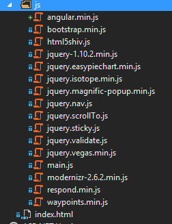 Machine generated alternative text:
z Iii ¡
+Ç angular.min.js
aU bootstrap.min.js
aLT html5shiv.js
¡LI jquery-1.1O.2.min.js
¡U jquery.easypiechart.min.js
¡LI jquery.isotope.min.js
aU jquery.magnific-popup.min.js
¡LI jquery.nav.js
¡U jquery.scrollTo.js
¡U jquery.sticky.js
¡LI jquery.validate.js
¡U jquery.vegas.min.js
¡U main.js
¡U modernizr-2.62.min.js
¡U respond.min.js
¡U waypoints.min.js
n4.Ç’J ¡ndex.html